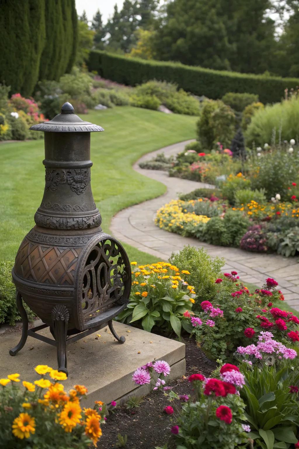 Flowers enhancing the chiminea area with vivid colors.