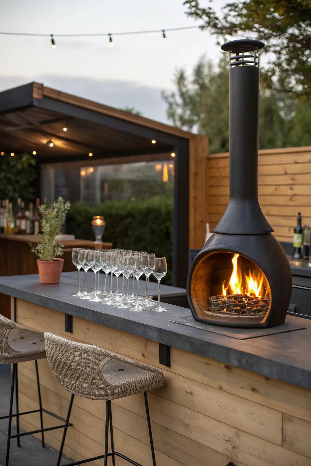 A chic outdoor bar area near a chiminea.