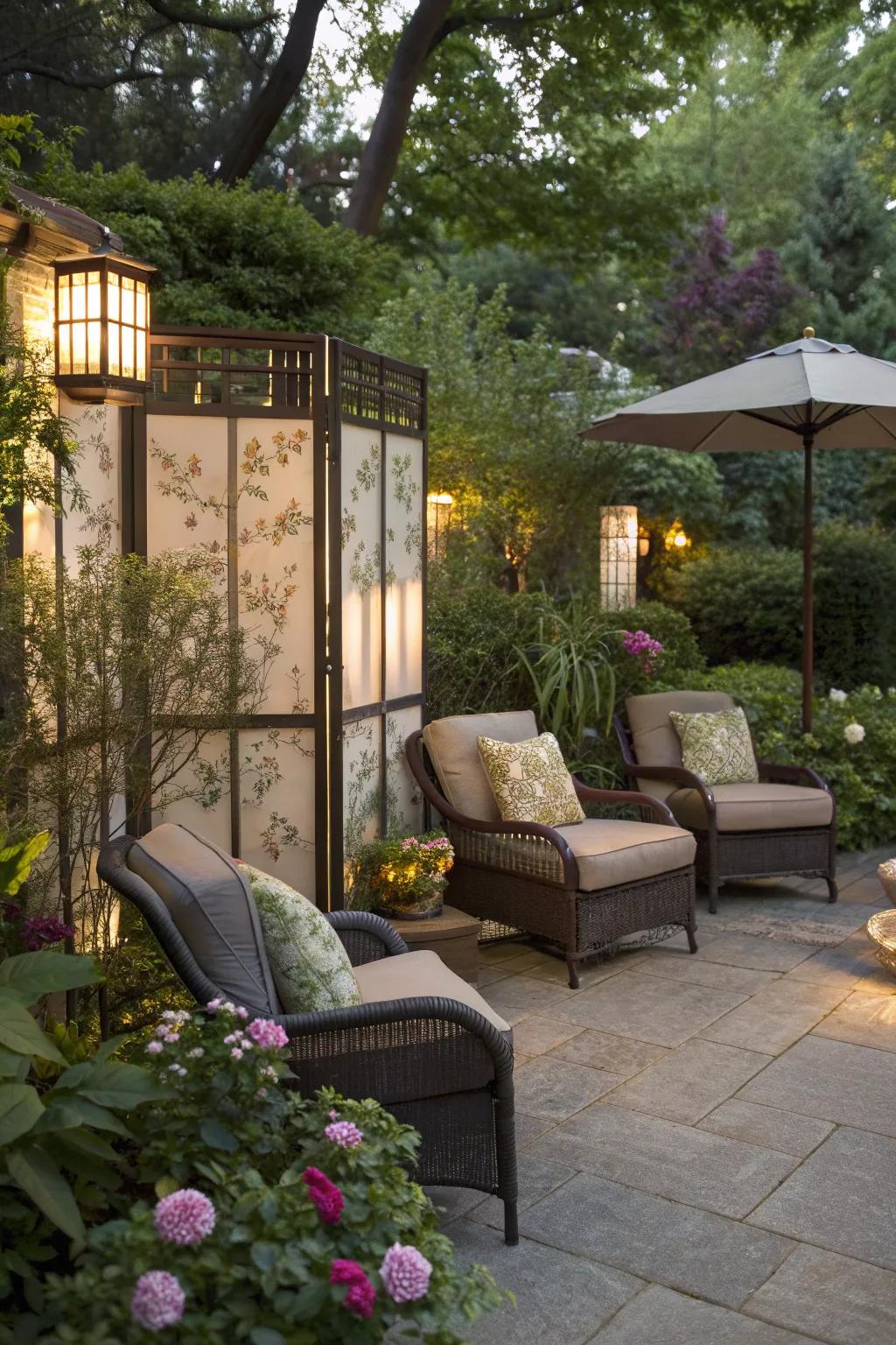 Garden screens offer privacy and style to outdoor seating areas.
