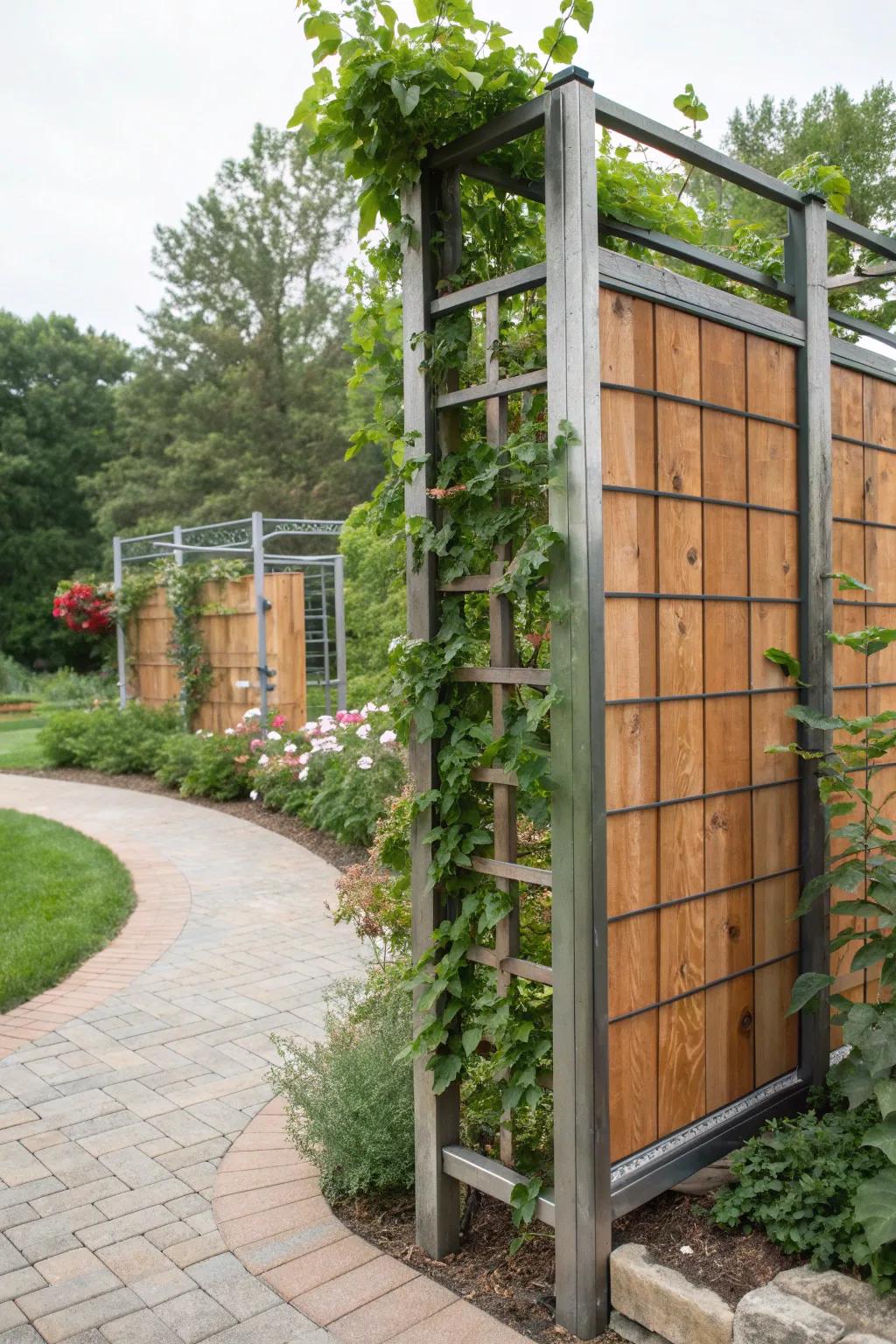 Mixed materials create a visually appealing garden screen.