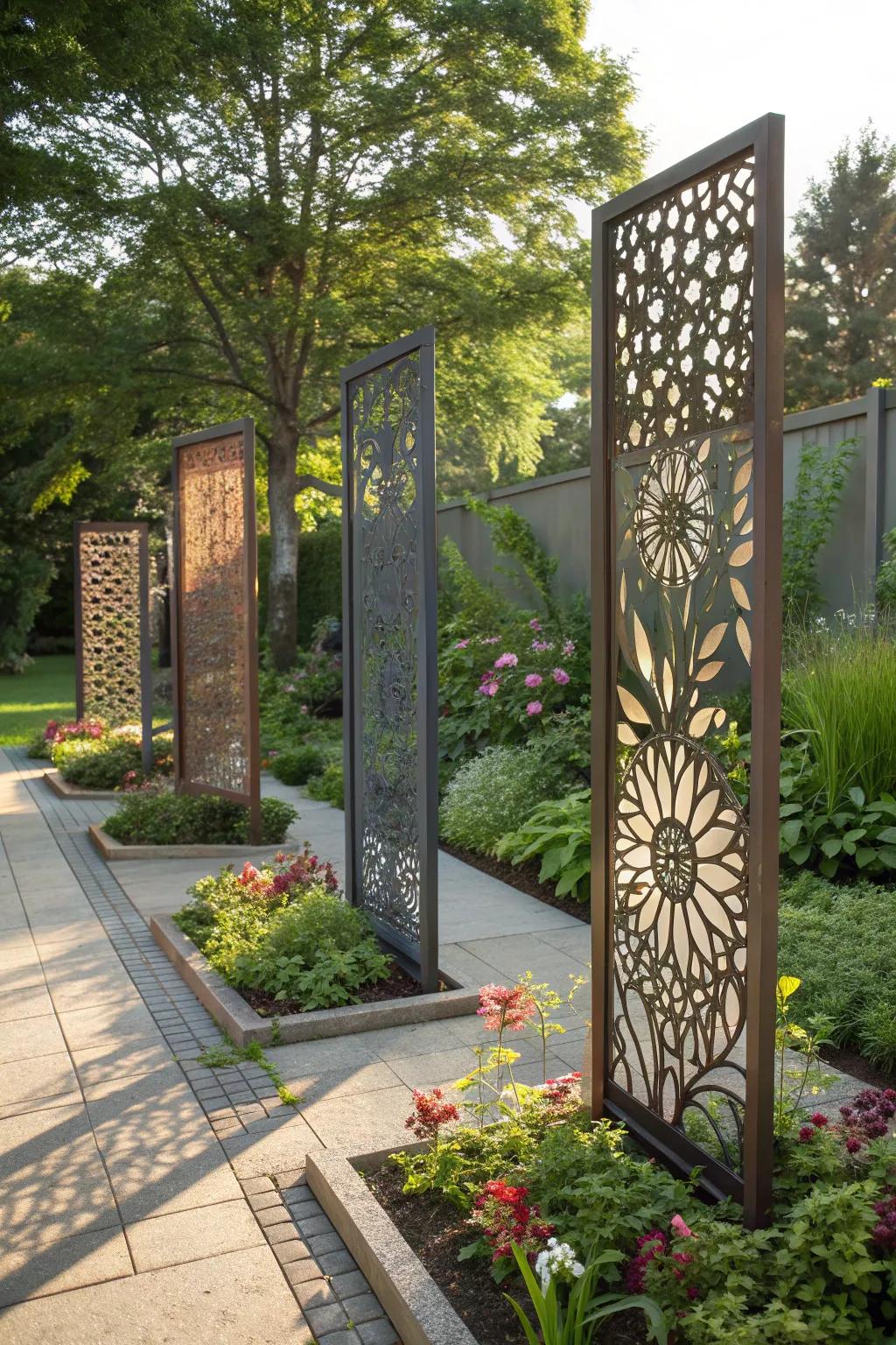 Artistic metal screens add sophistication to your garden.