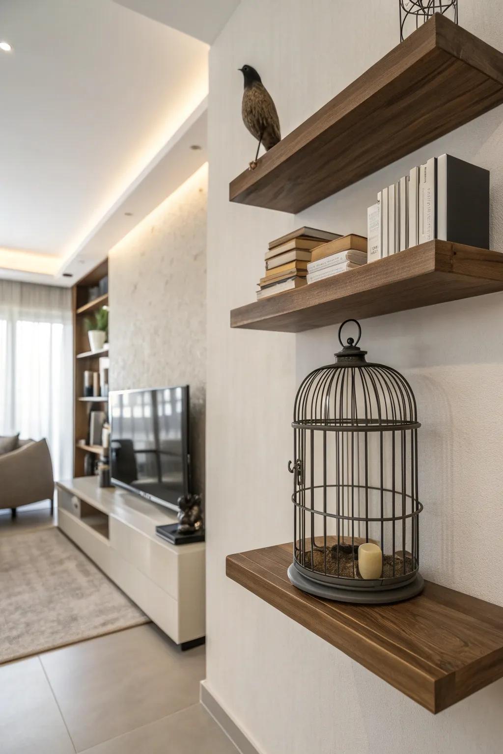 Wall-mounted shelves create a floating display for bird cages.