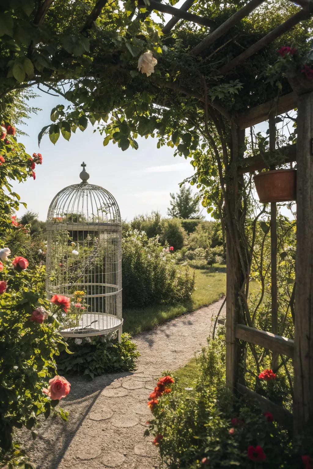 A garden trellis creates a charming outdoor bird cage stand.