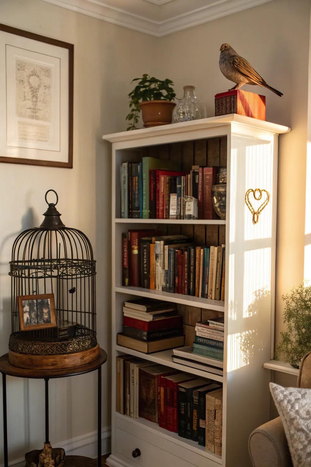 A corner bookcase seamlessly integrates a bird cage into home decor.