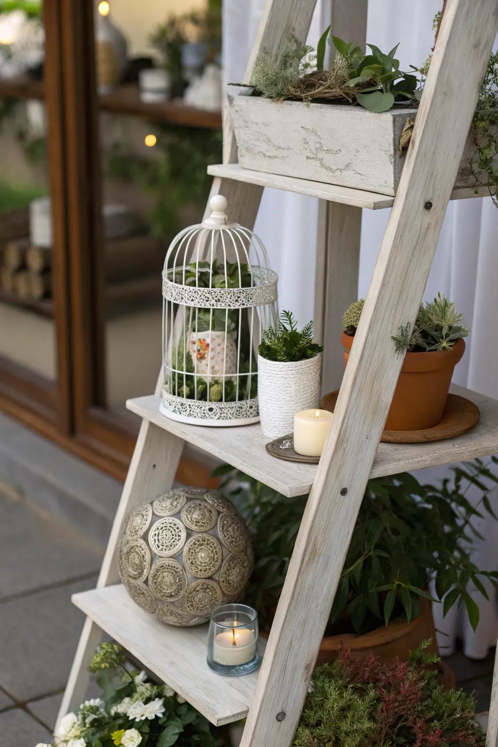 A ladder shelf combines functionality with decorative flair.