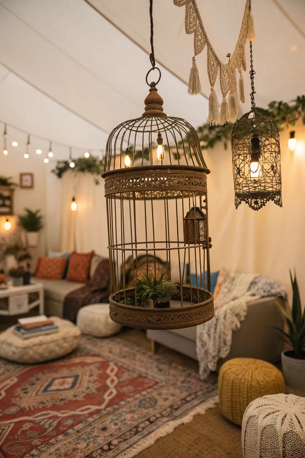 Utilize ceiling space with hanging hooks for a floating effect.