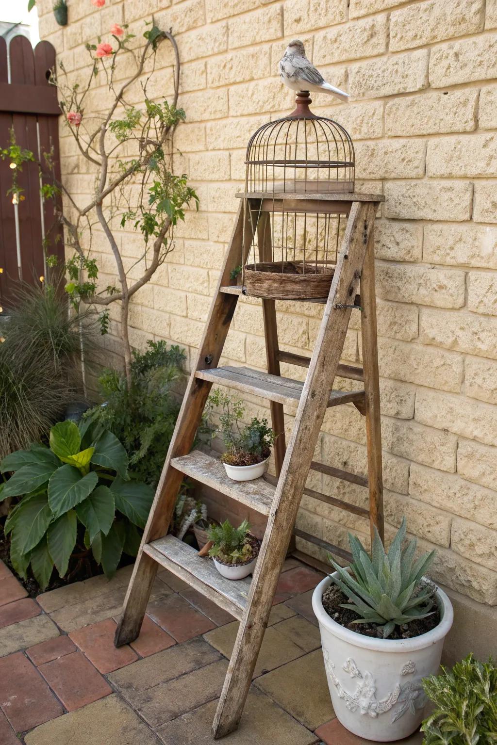 A rustic wooden ladder makes for a charming bird cage stand.