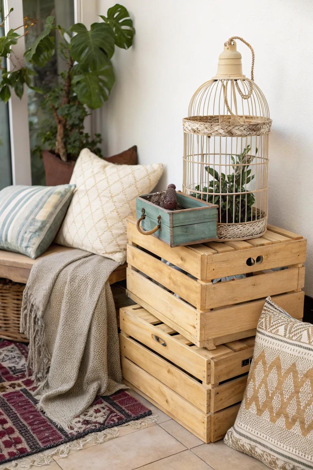 Stacked wooden crates offer a practical and stylish solution.