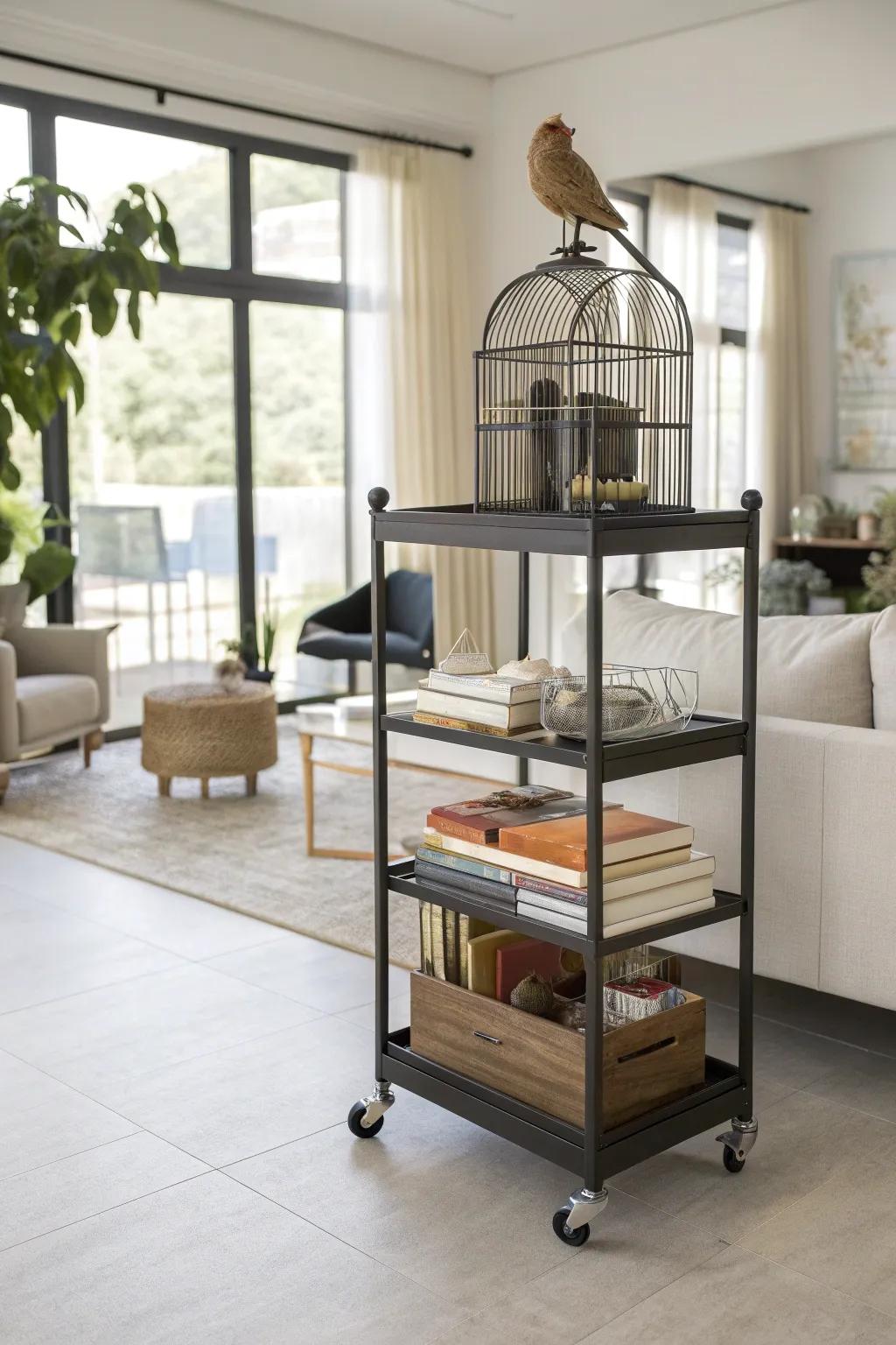 A rolling cart provides mobility and additional storage for bird cages.