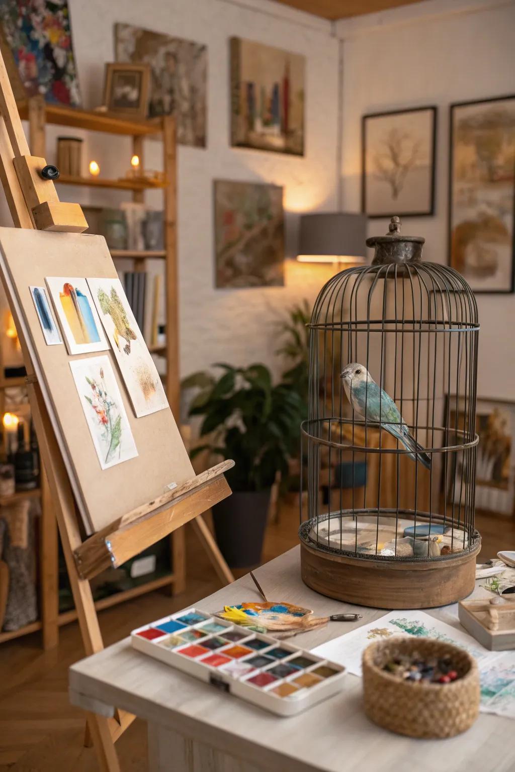 Transform an artist's easel into a unique bird cage stand.