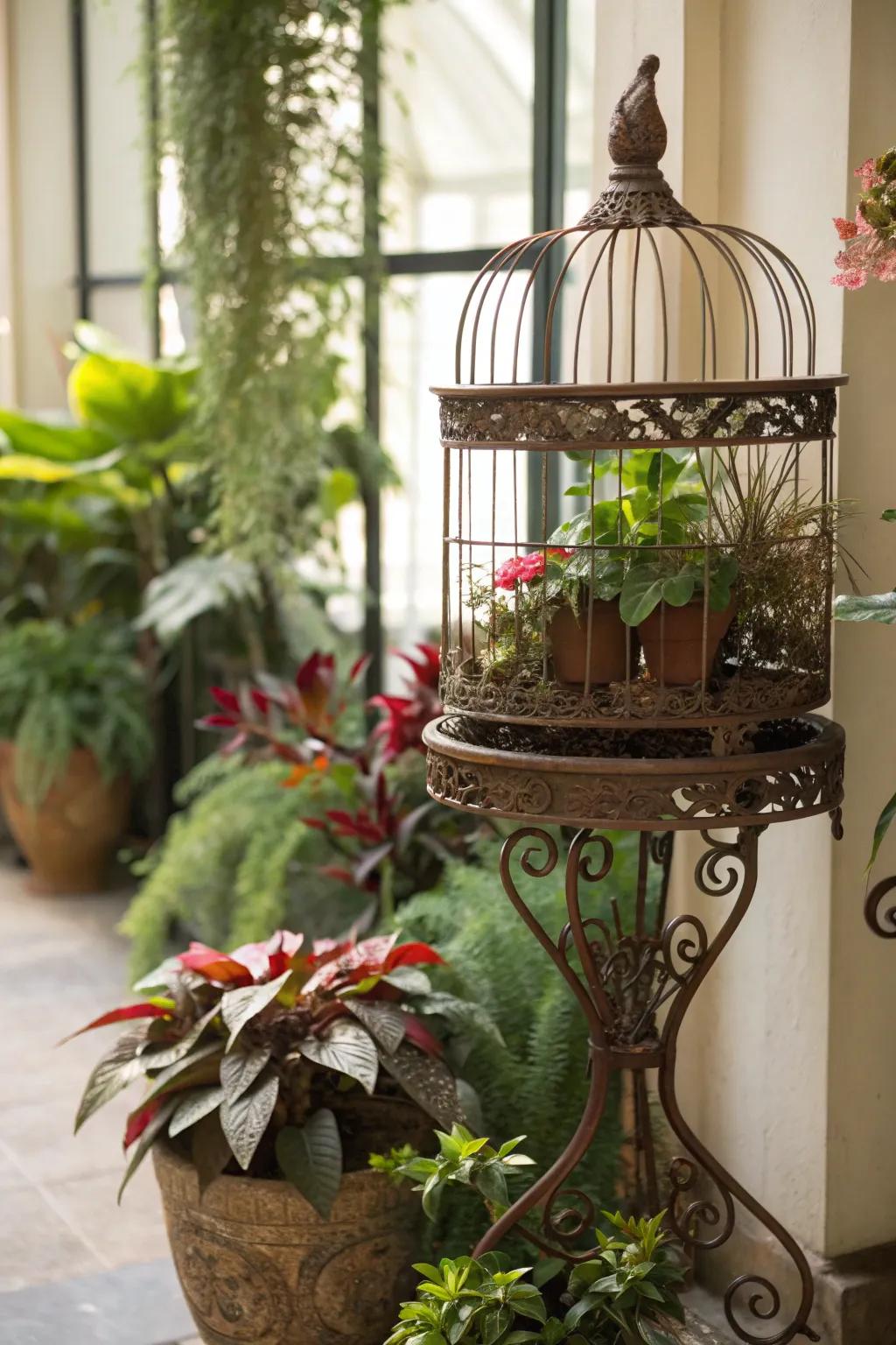 Repurposed plant stands offer height and elegance for bird cages.