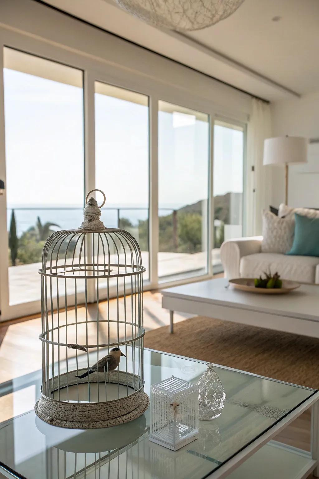 A floating glass table offers a sleek and modern display.