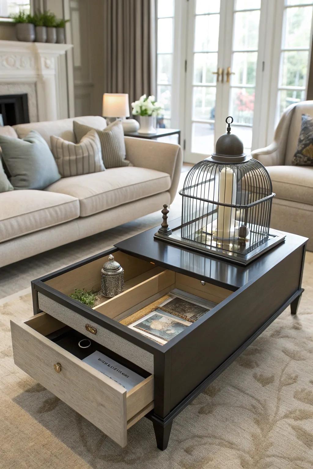 A convertible coffee table offers a discreet and functional solution.