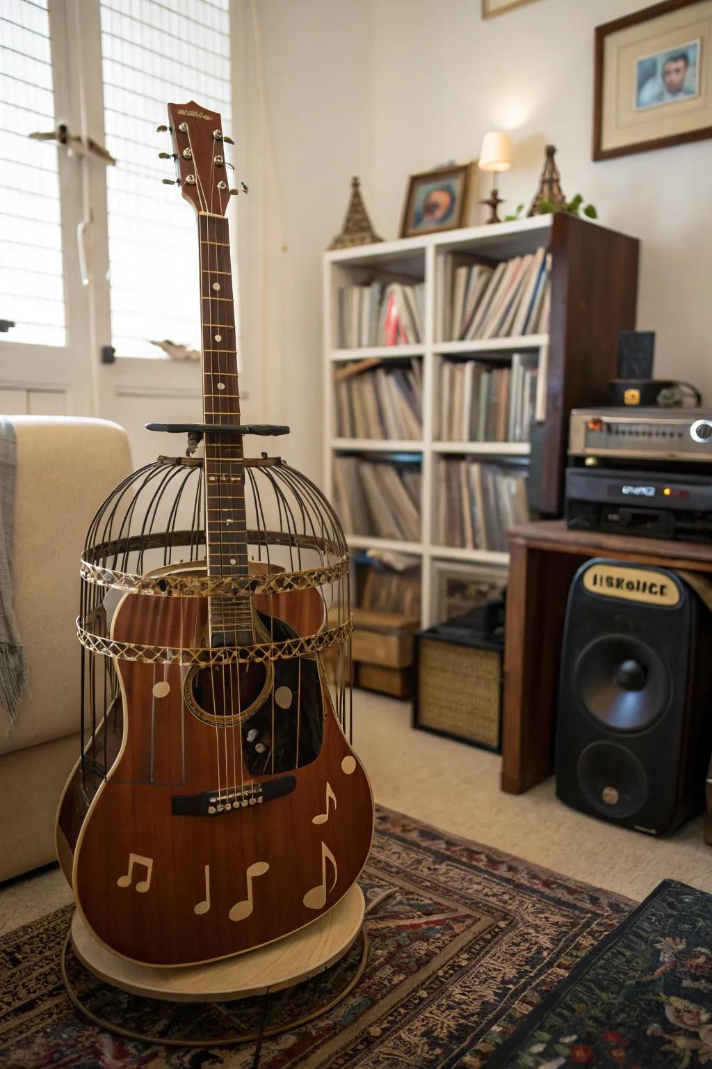 An upcycled guitar stand offers a whimsical touch for music lovers.