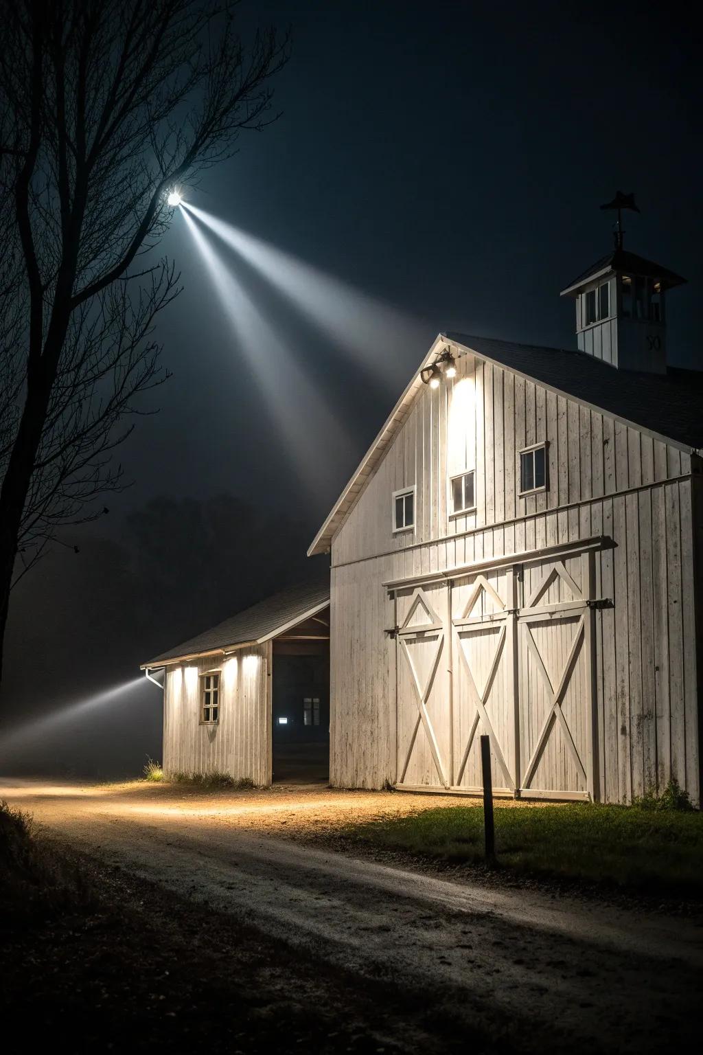 Spotlights add a dramatic and striking effect to the barn.