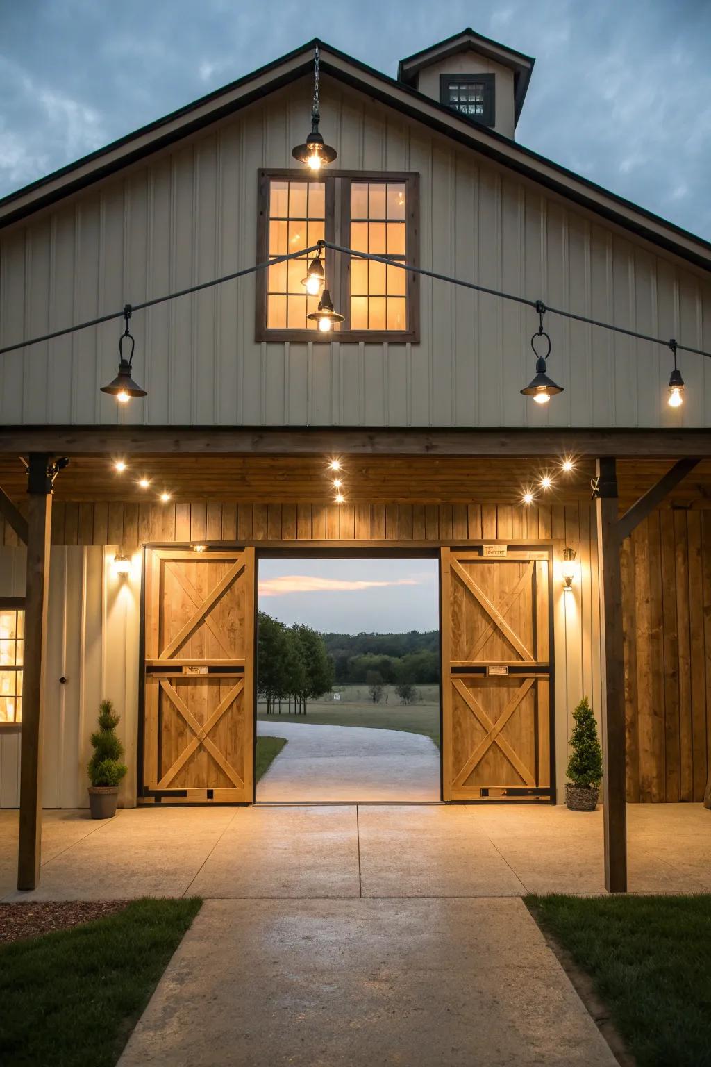 Barn door lighting accentuates and enhances the entrance.