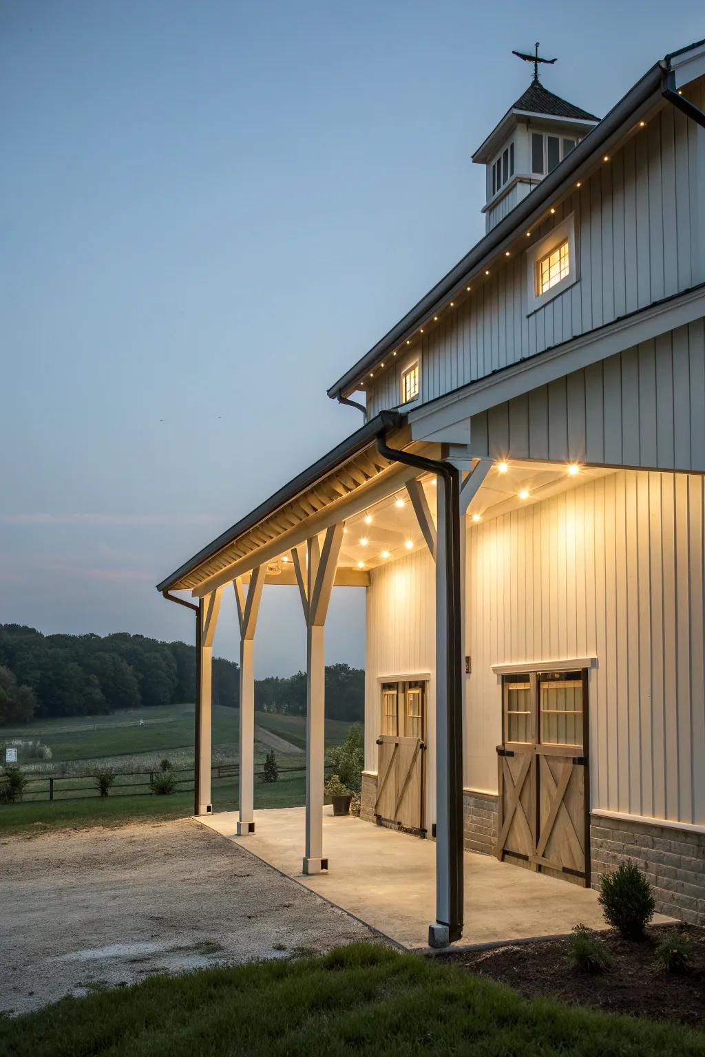 Under-eave lighting adds subtle sophistication to the barn's exterior.