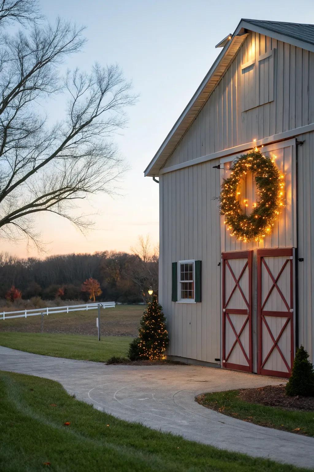 Wreath-integrated lights bring seasonal charm to the barn.