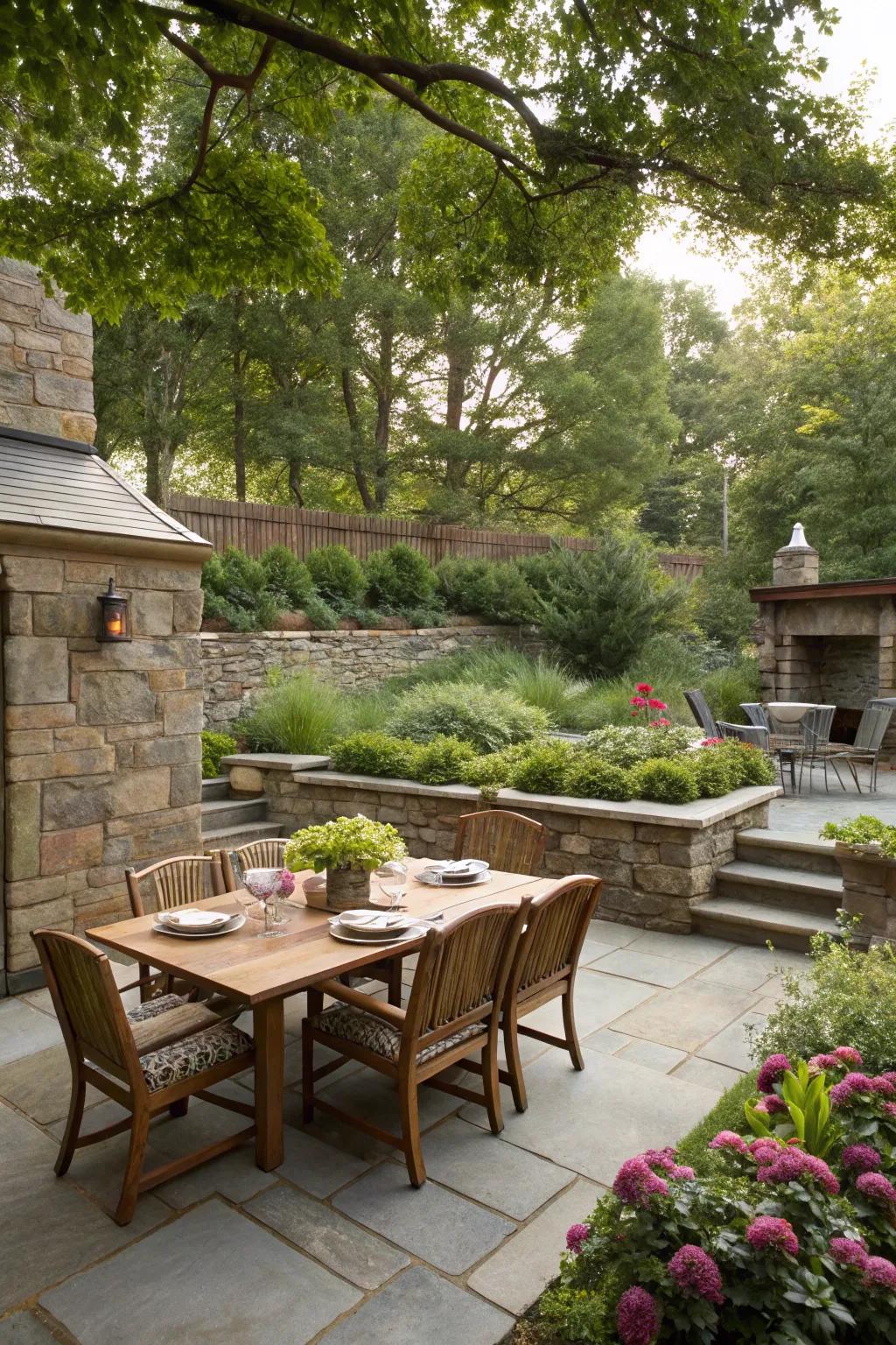 Natural stones and plants create an inviting and cohesive dining space.