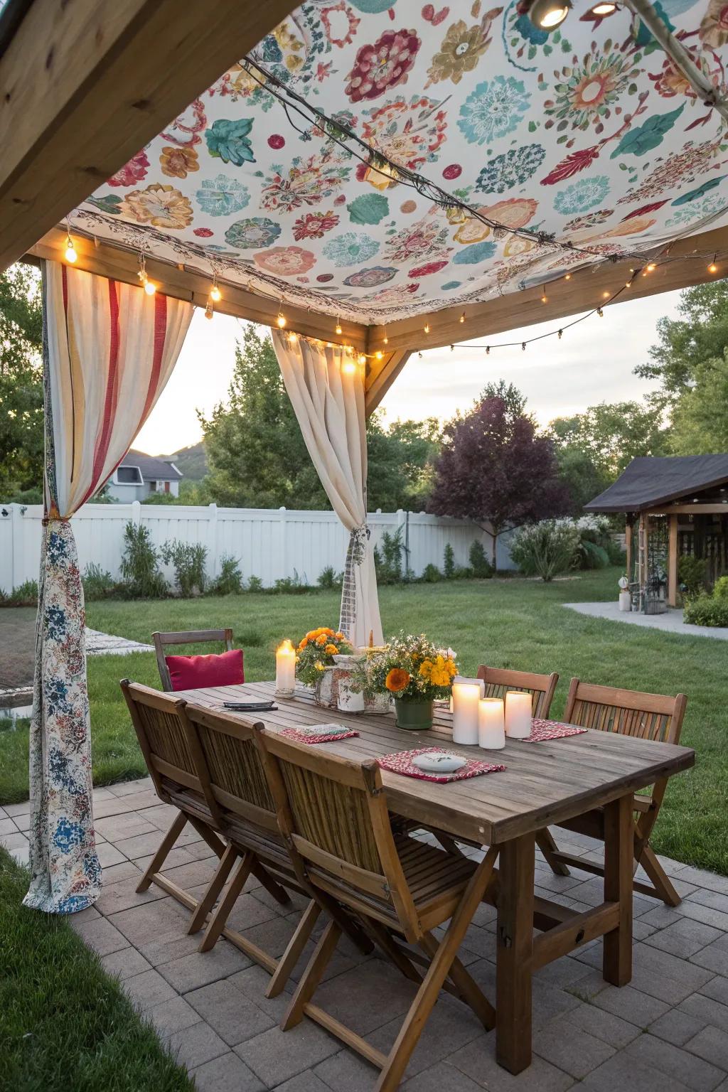 A DIY canopy offers shade and elegance to your dining space.
