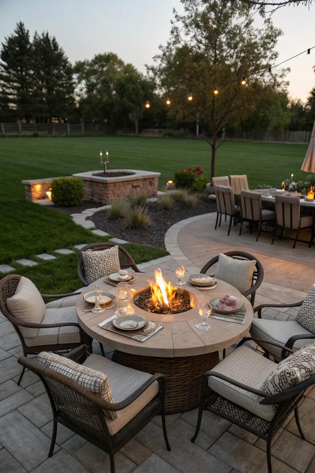 A fire pit creates a warm and inviting focal point for outdoor dining.