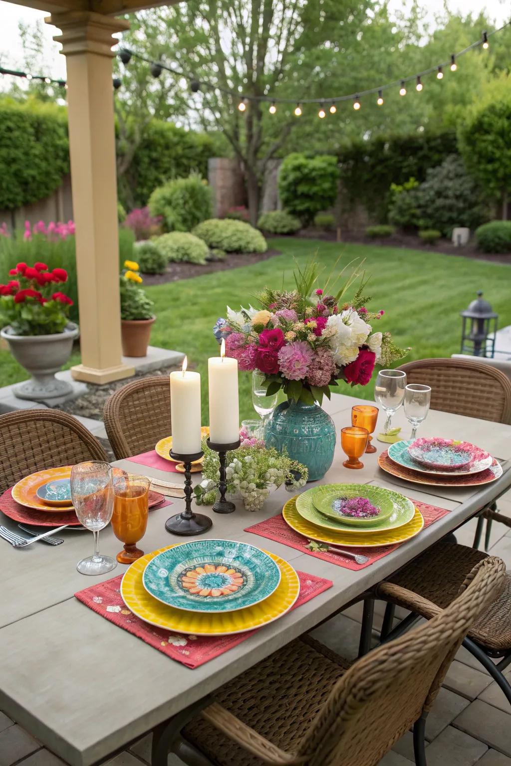Bright tableware brings life and style to dining al fresco.