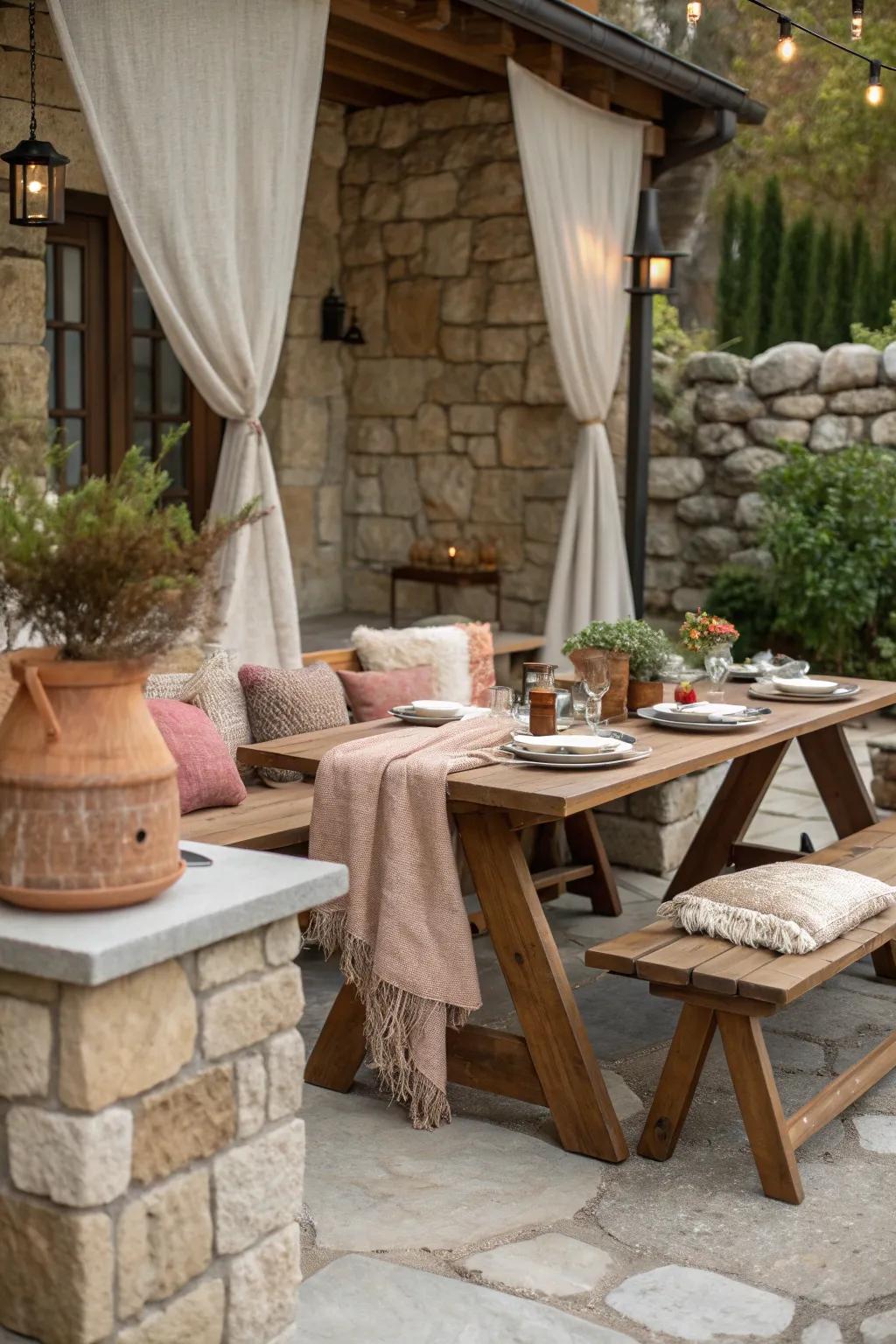 Combining different textures adds sophistication and allure to outdoor dining.