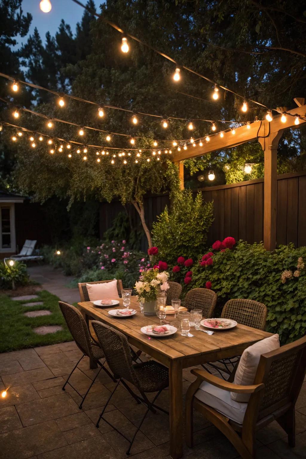 String lights add a magical touch to evening backyard dining.