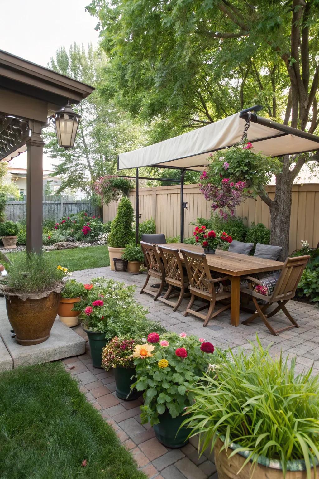 Potted plants bring color and life to outdoor dining.