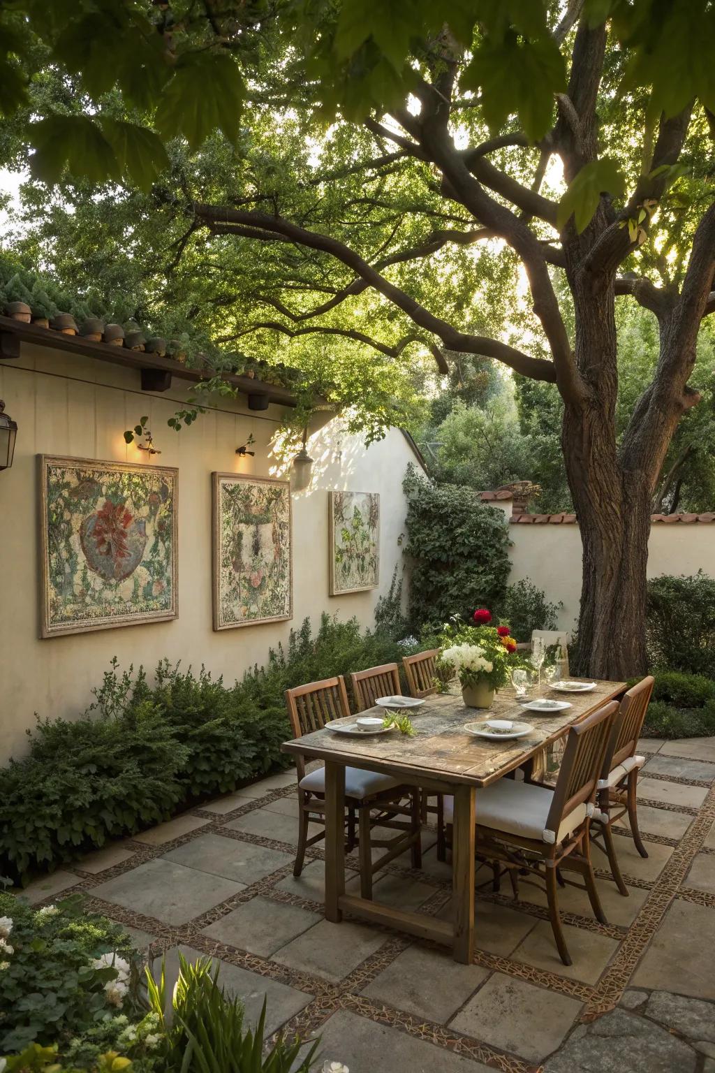 Garden wall art adds a unique touch to your outdoor dining space.