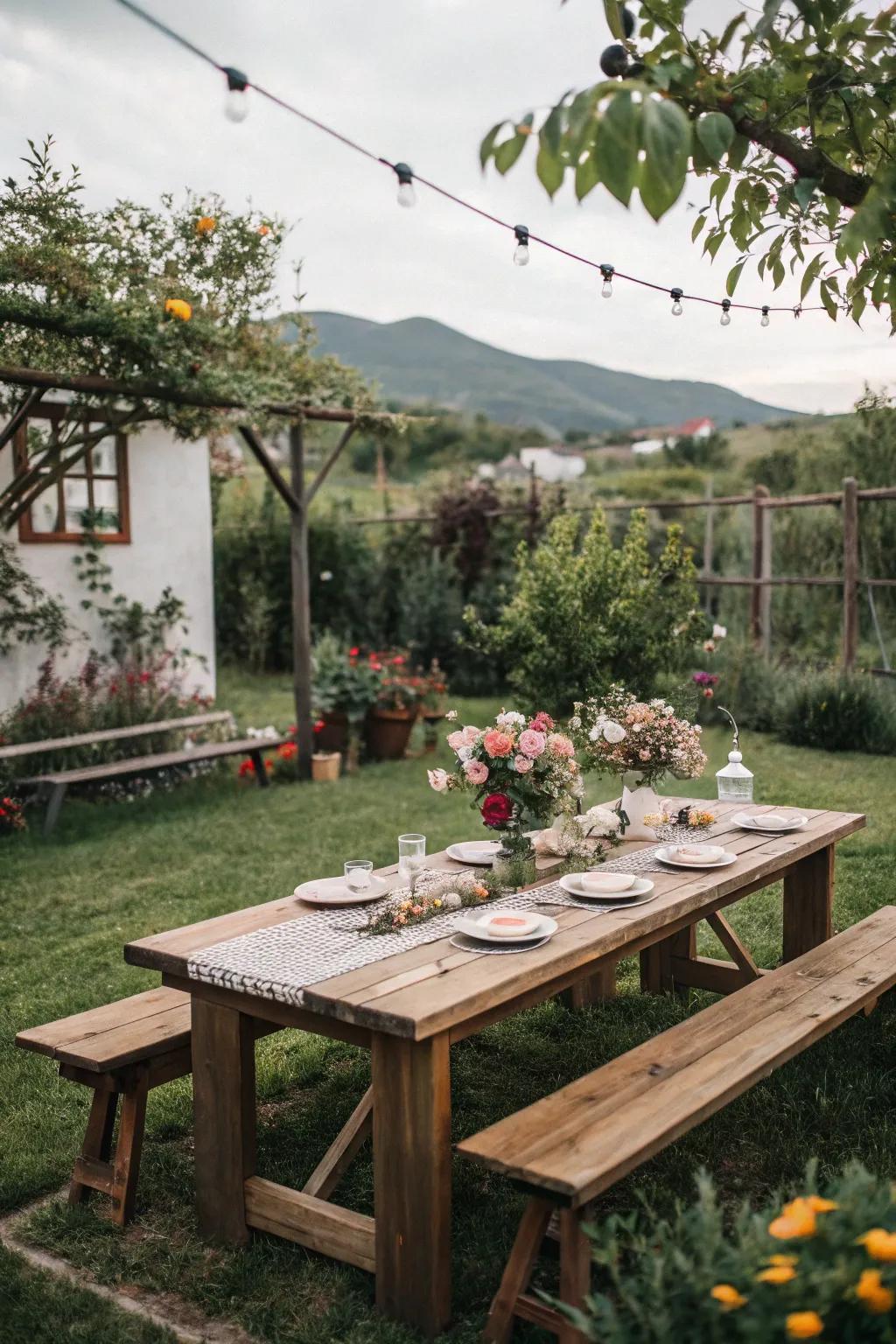 A rustic wooden table surrounded by nature creates a warm dining atmosphere.