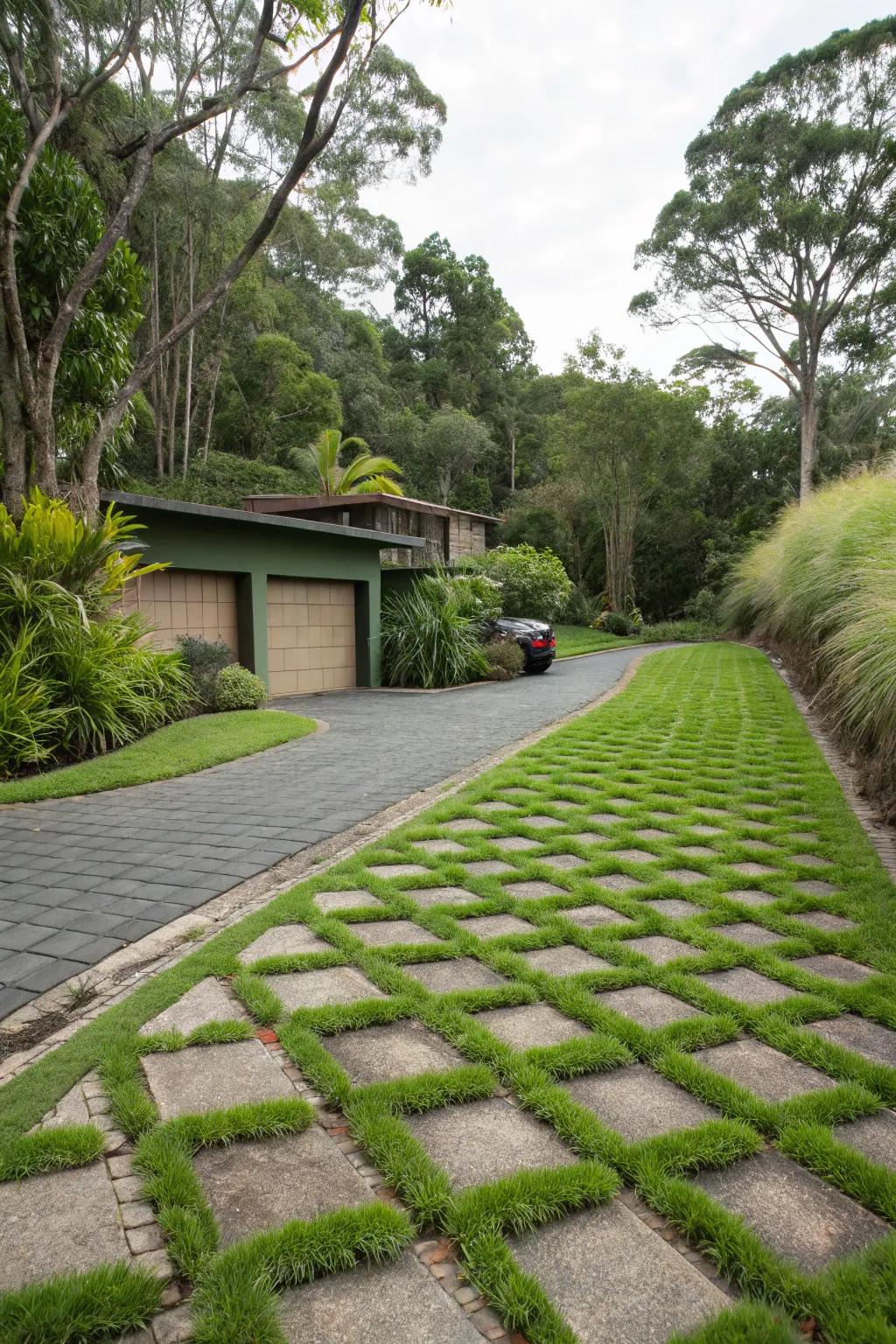 A driveway with lush and sustainable grass pavers.