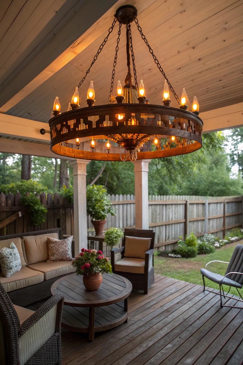 A chandelier adds elegance and charm to a shabby chic porch.
