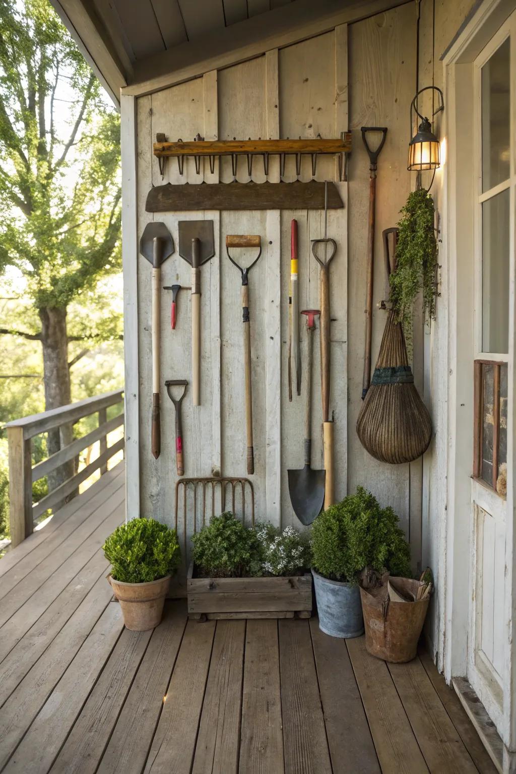 Garden tools become charming decor on a shabby chic porch.