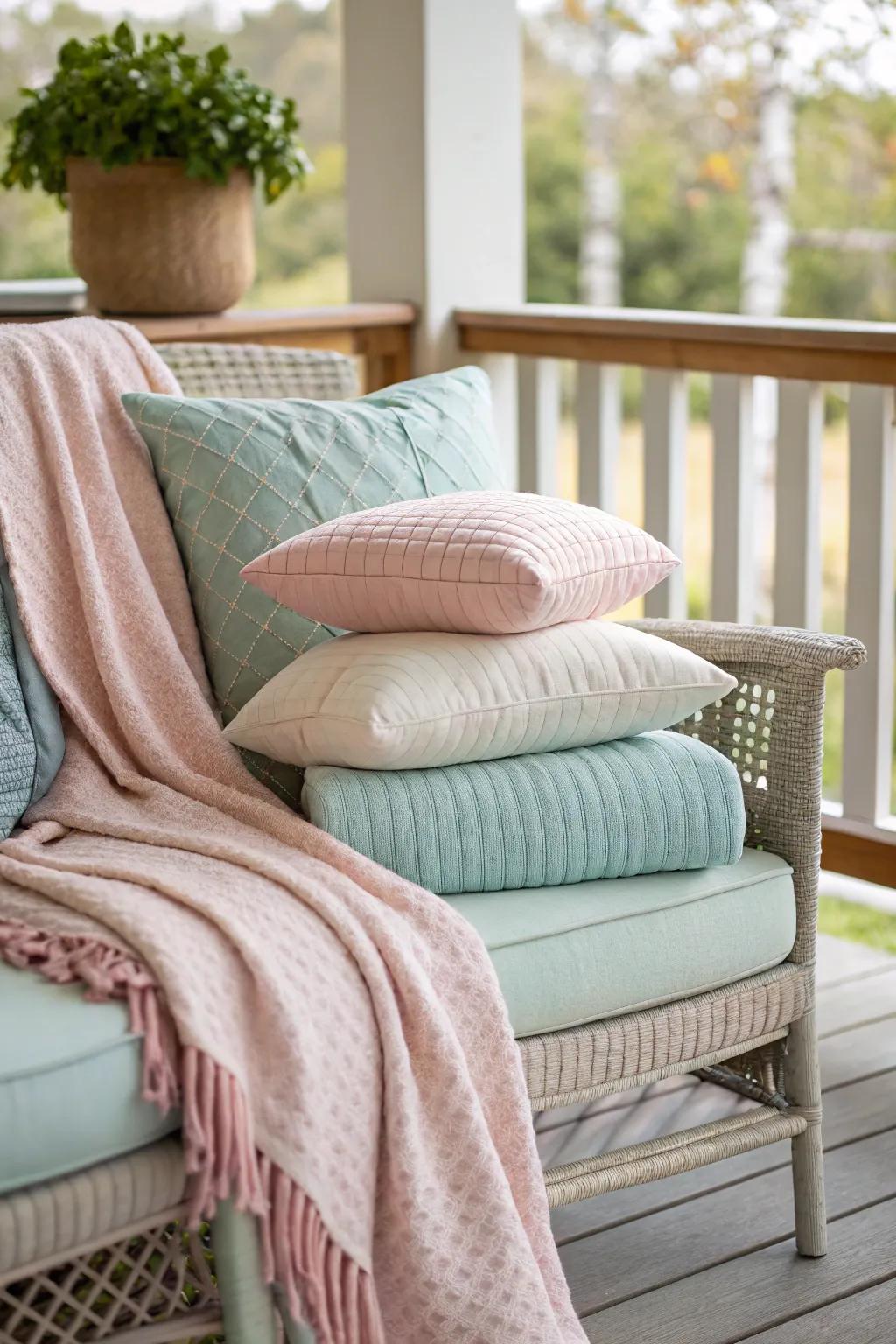 Soft textiles make your shabby chic porch inviting and comfortable.