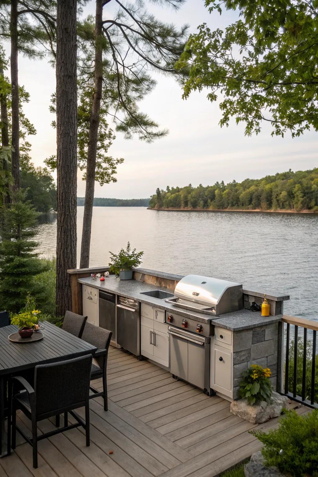 An outdoor kitchen makes lakeside cooking a delight.