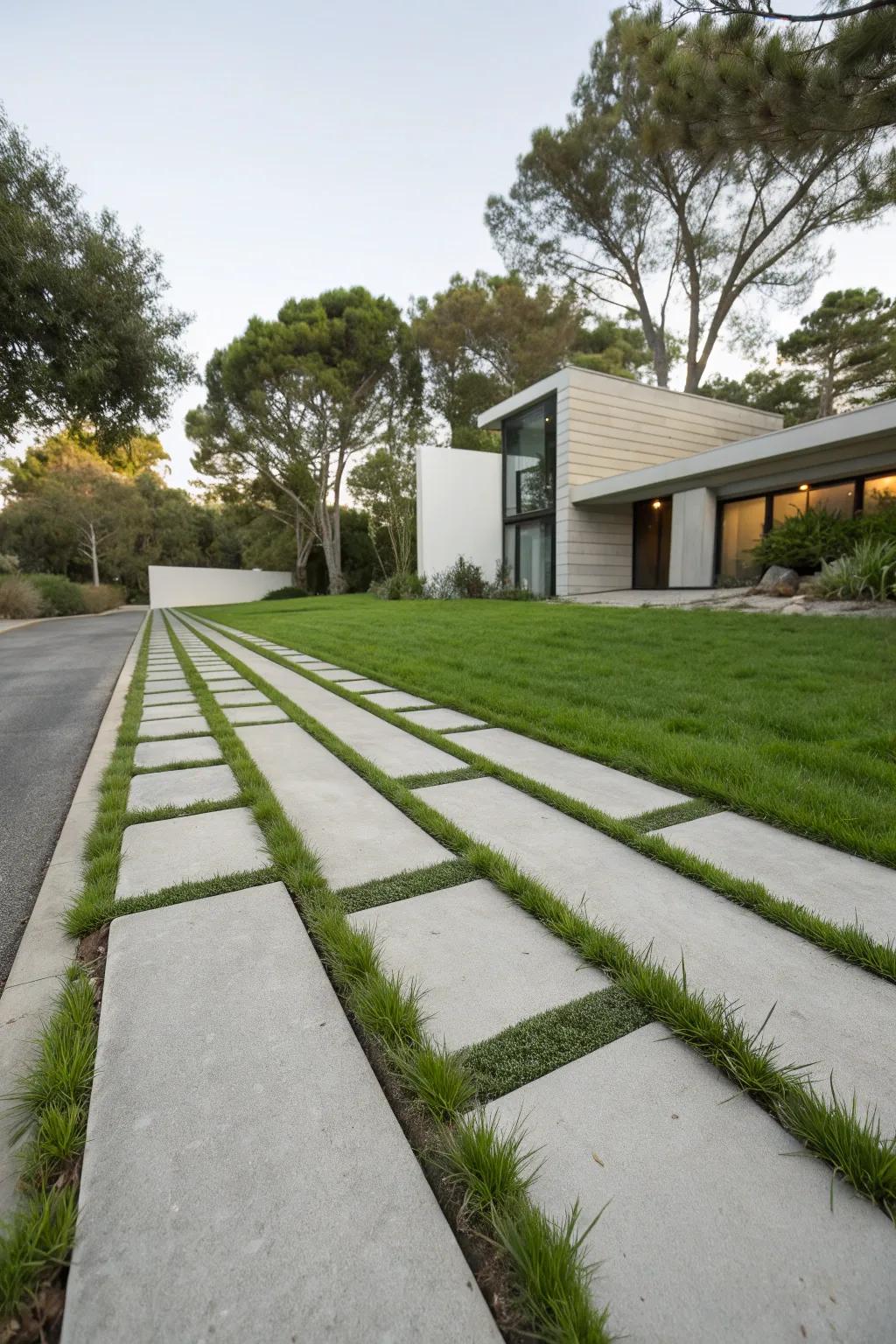 A modern and elegant concrete ribbon driveway with a lush grass center.