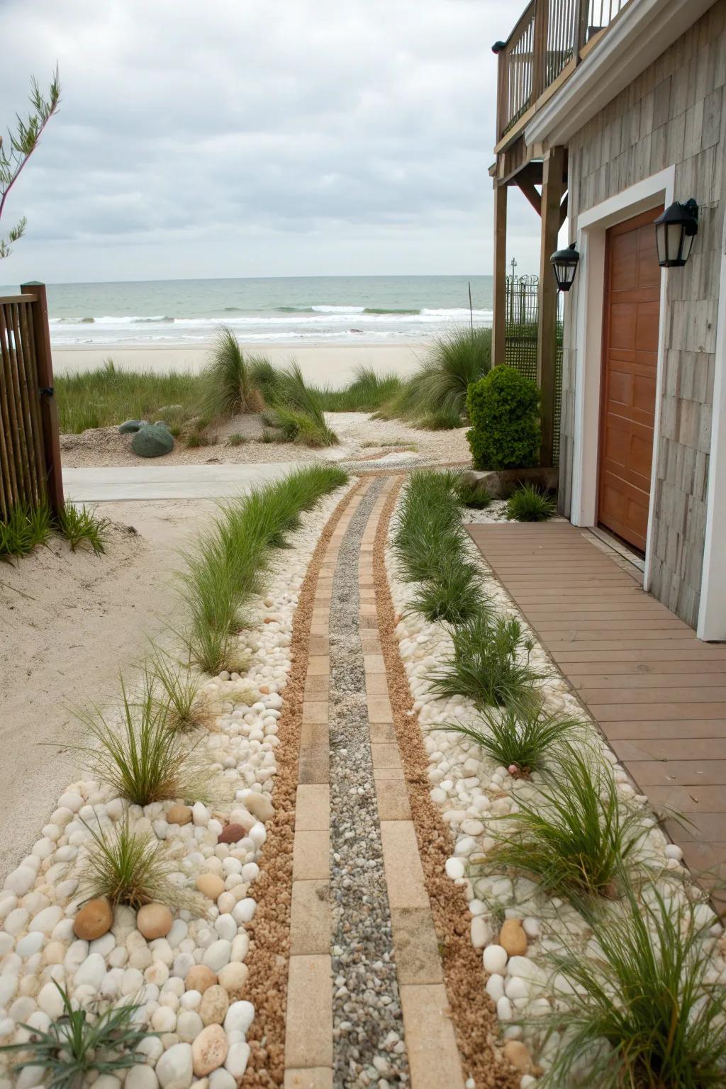 A coastal calm ribbon driveway with shell and sand strips and a sea grass center.