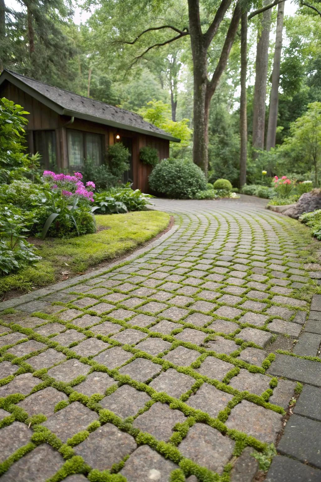 An eco-friendly ribbon driveway with permeable pavers and a lush mossy center.