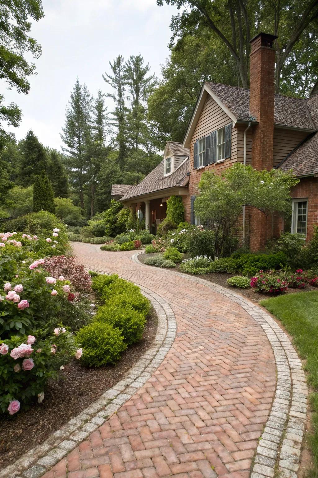 A rustic brick ribbon driveway adding charm to a cozy home.