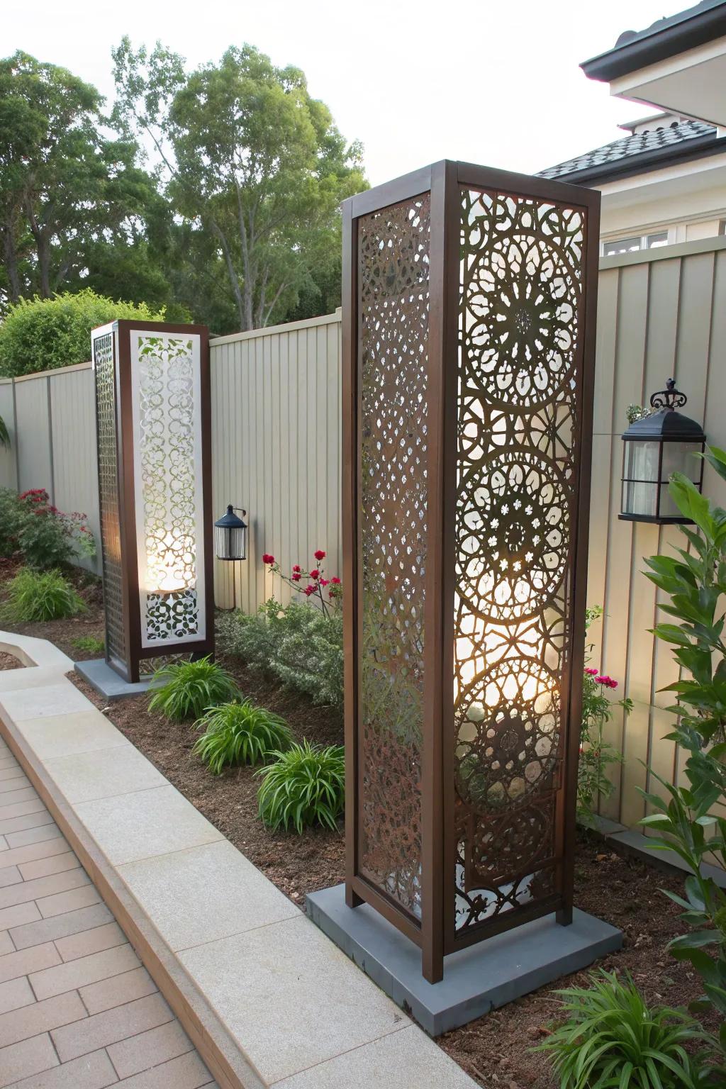 Add a touch of art to your backyard with tall decorative screens.
