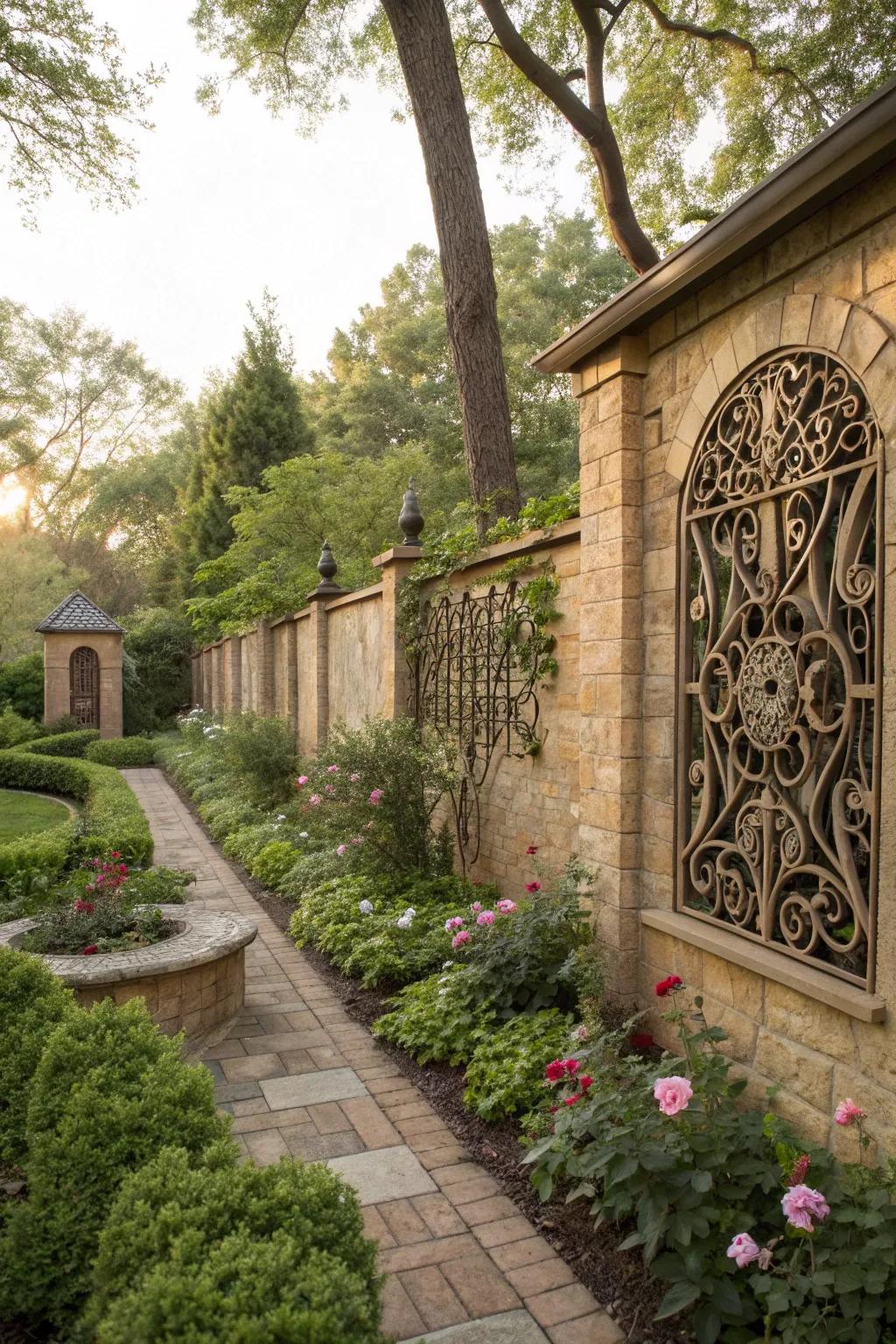 Masonry and ironwork create a sophisticated privacy solution.