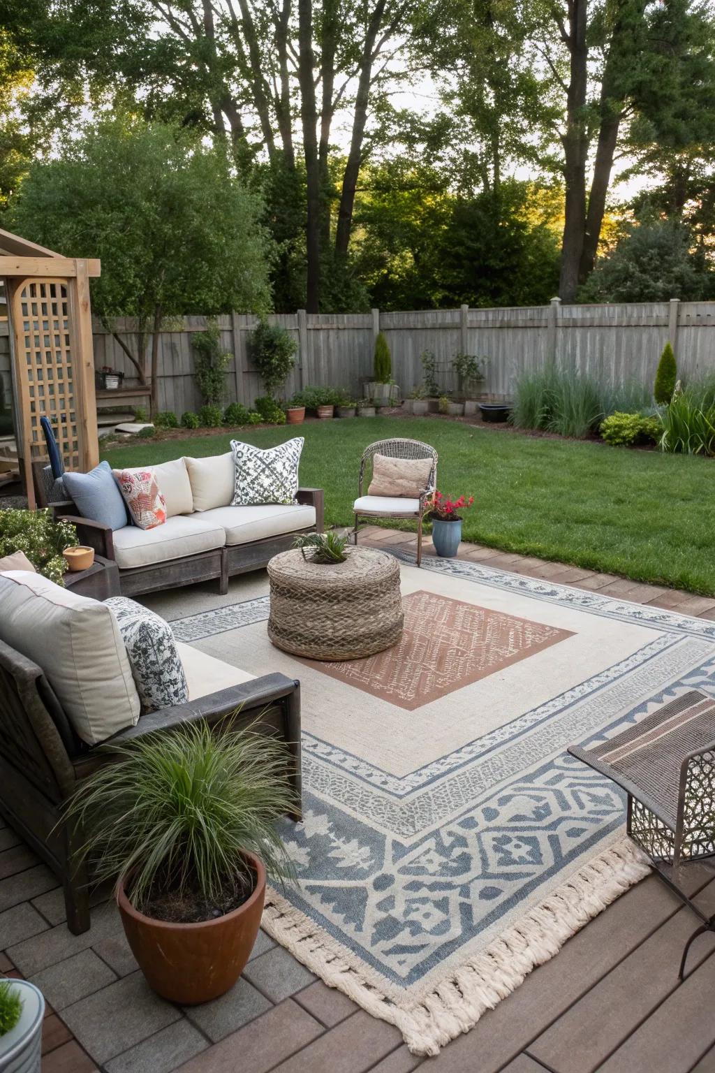Outdoor rugs help define and privatize open areas.