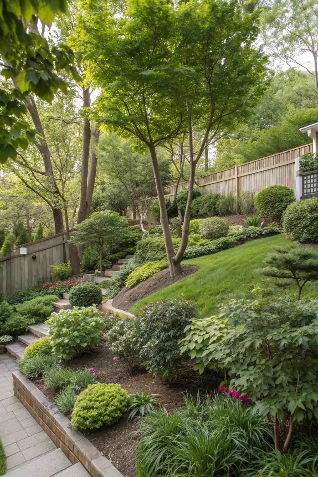 Layered landscaping creates a natural privacy barrier.