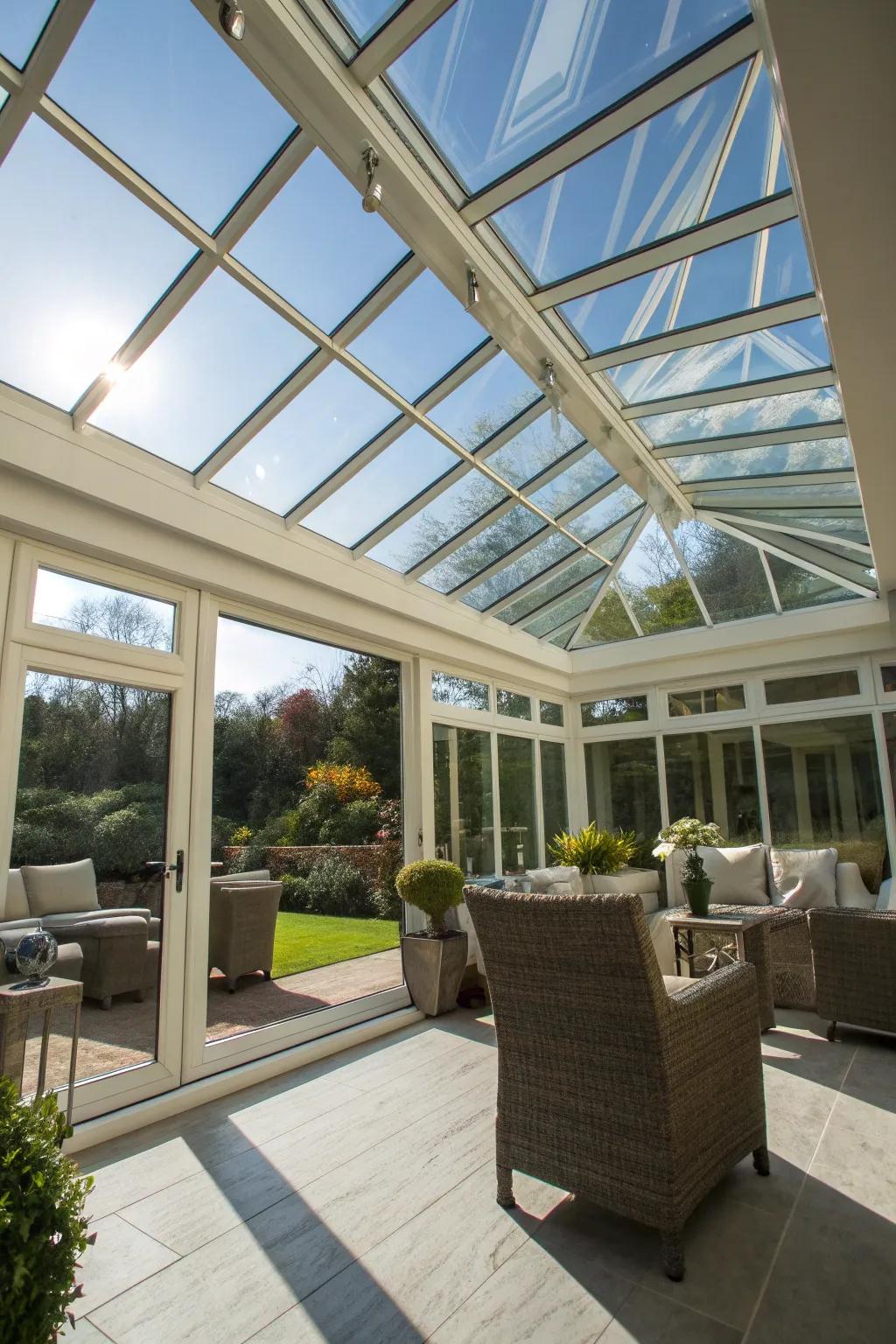 Sunlight pours into a conservatory through its expansive glass roof.