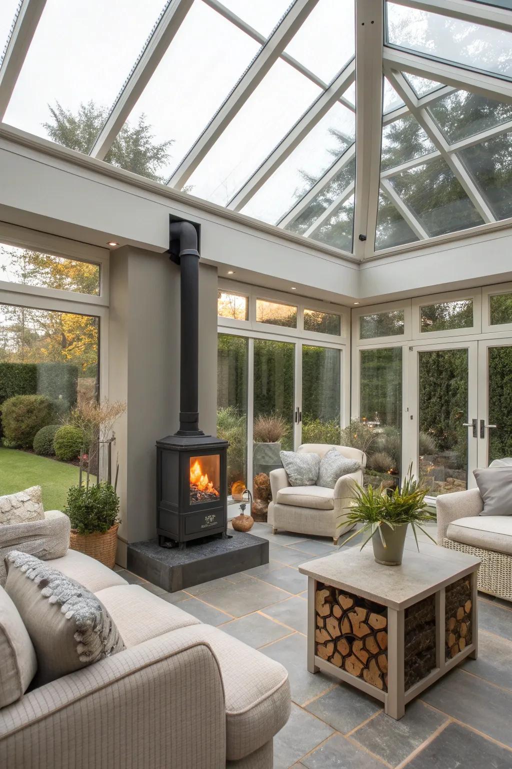 A modern fireplace adds a touch of luxury to this conservatory.
