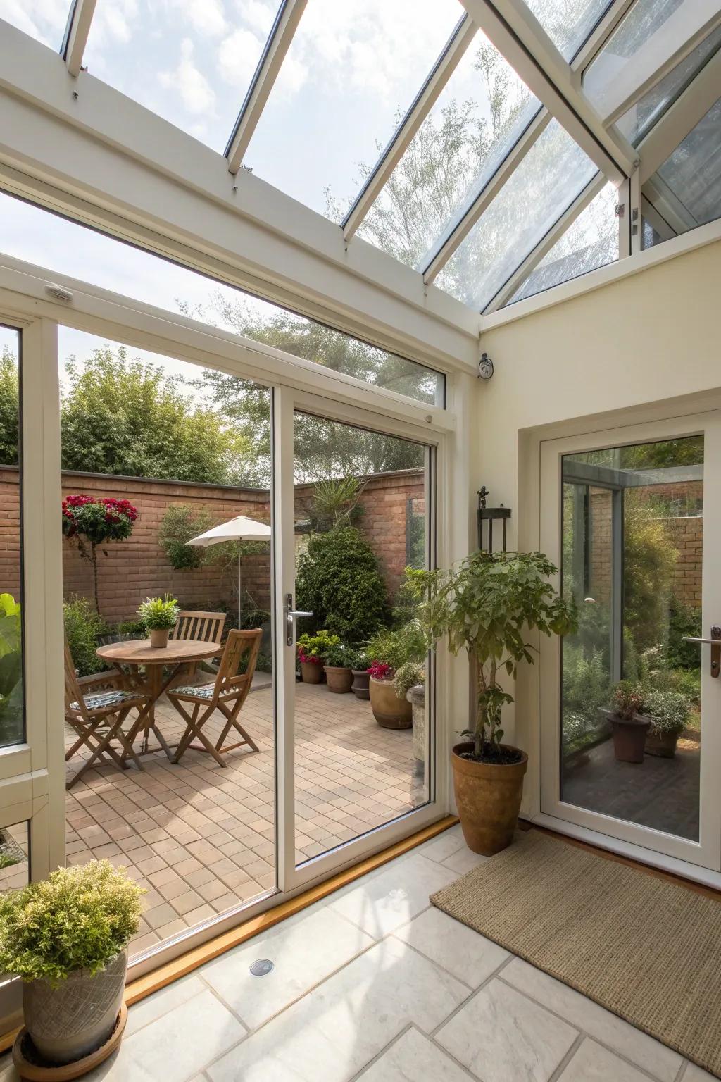 A conservatory with sliding doors that open to a patio, merging indoor and outdoor living.