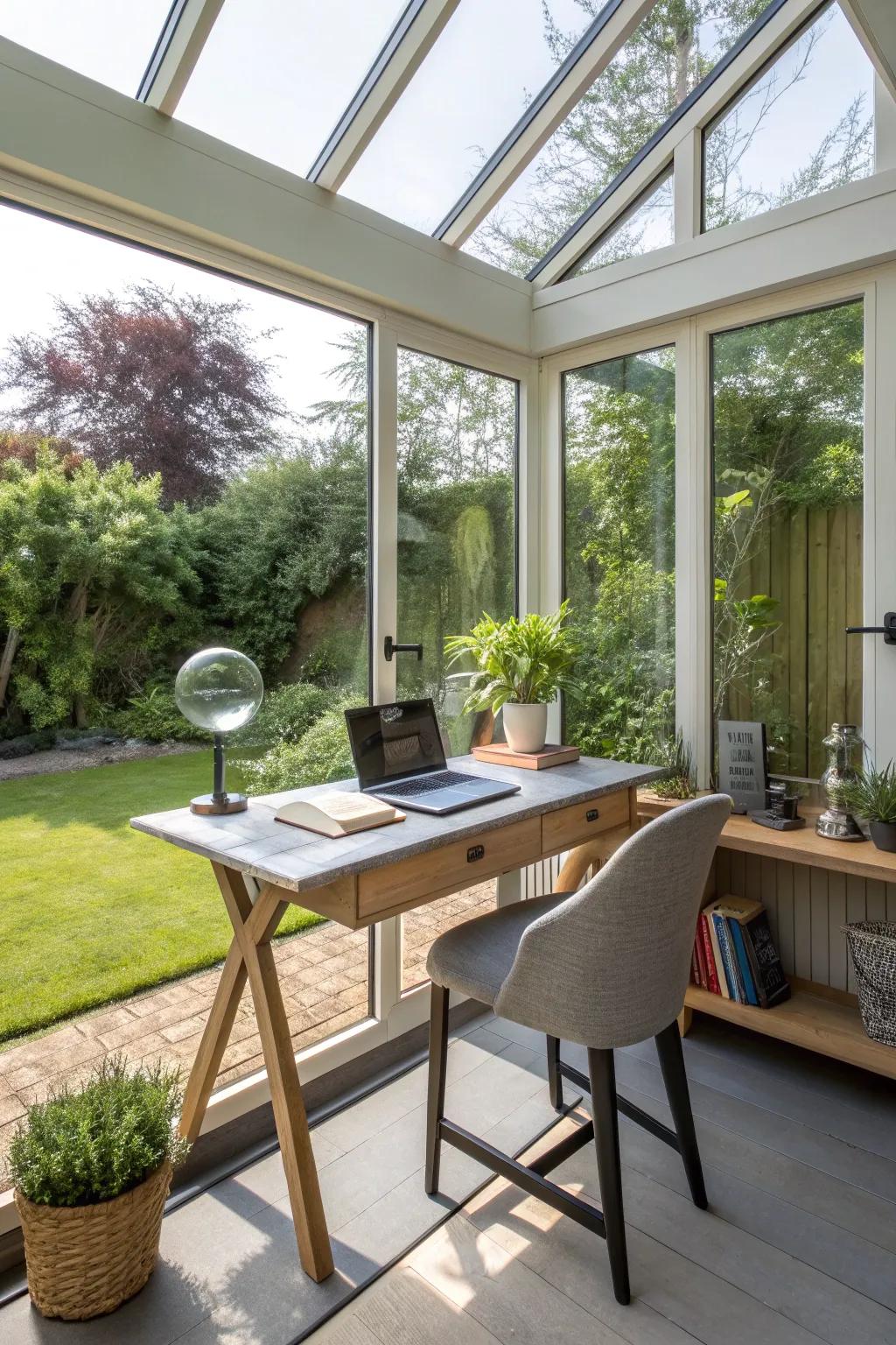 A tranquil home office in a conservatory, perfect for focused work.