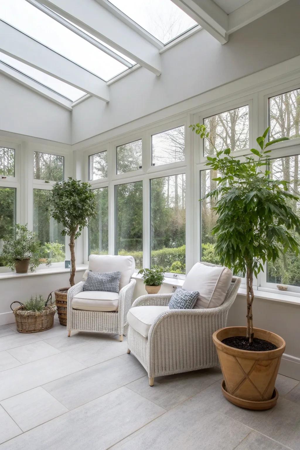 A minimalist conservatory interior with simple decor and a spacious feel.