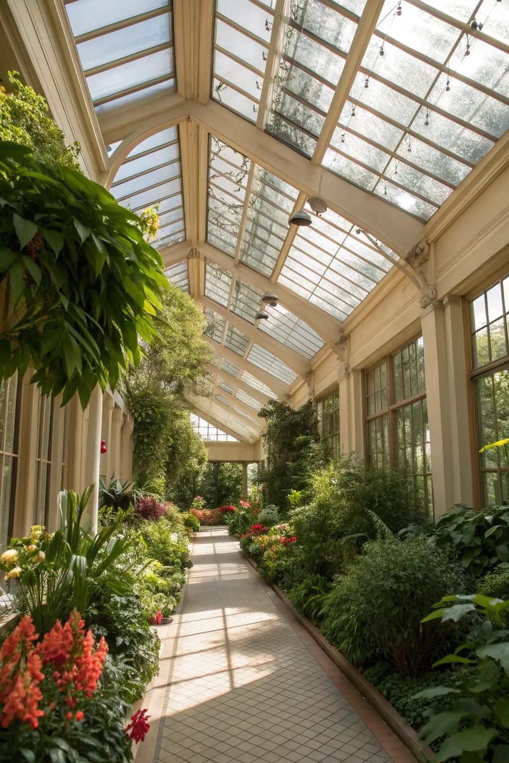 A conservatory with skylights that enhance the brightness and openness.